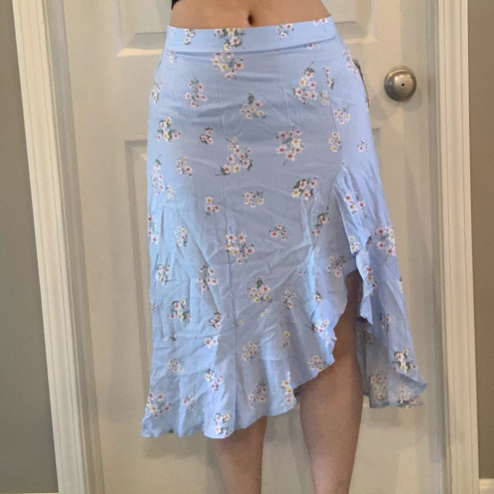 Blue Floral Asymmetrical Midi Skirt • Medium
